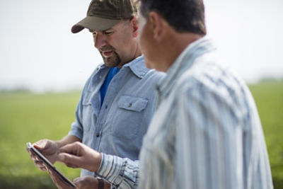 Two farmers in field with ipad