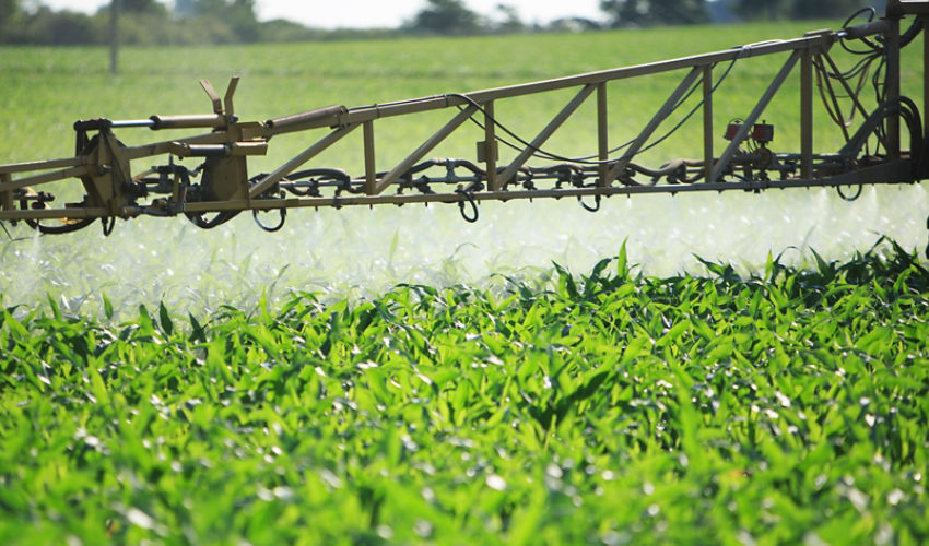 Zoomed in sprayer arm spraying corn