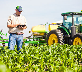 man in corn field with tablet