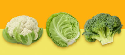 Image of one head of cauliflower, lettuce and broccoli