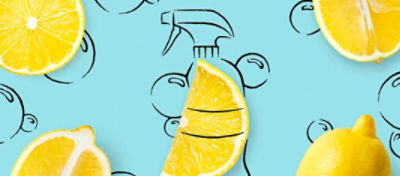Cut-open lemons with a drawing of a spray bottle and bubbles in the background