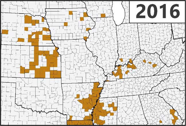 Map - U.S. - Confirmed detections of southern rust in corn through the first week of September during the 2016 growing season.