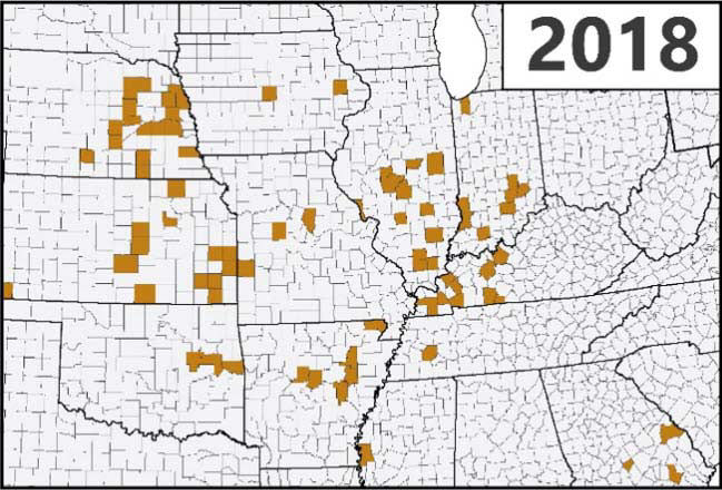 Map - U.S. - Confirmed detections of southern rust in corn through the first week of September during the 2018 growing season.