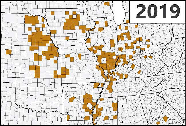 Map - Confirmed detections of southern rust in corn through the first week of September during the 2019 growing season.