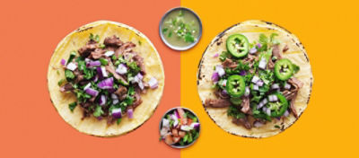Two Tacos and Two Salsas on a Brightly Colored Background