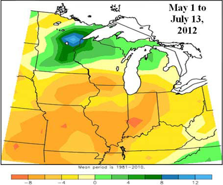 Accumulated precipitation departure from mean for the period of May 1 to July 13, 2012.