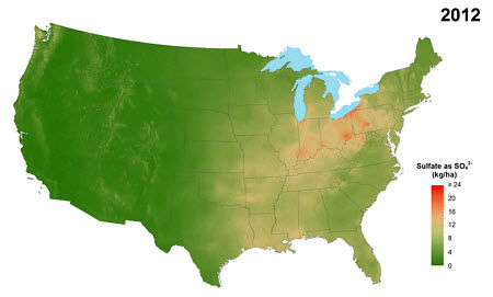 Average annual sulfate deposition from precipitation, 2012.