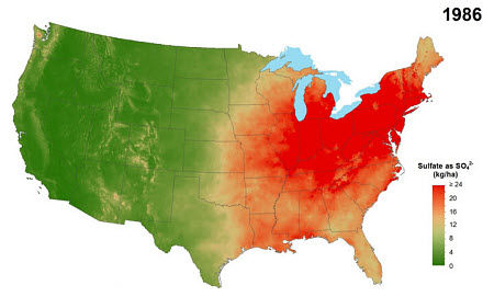 Average annual sulfate deposition from precipitation, 1986.