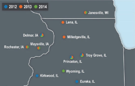 Map: Research locations in Illinois, Iowa and Wisconsin.