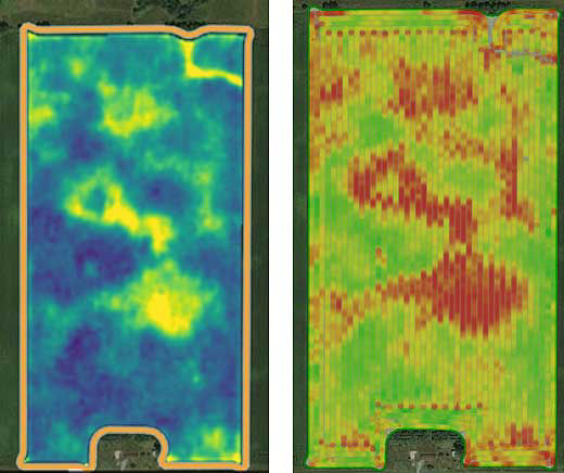 Crop Health Index map showing an area of reduced crop health caused by corn rootworm feeding and yield map showing a corresponding area of reduced yield.