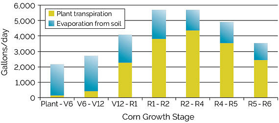 Chart showing evapotranspiration of water in gallons/acre to support corn growth in Iowa during different stages of corn growth.