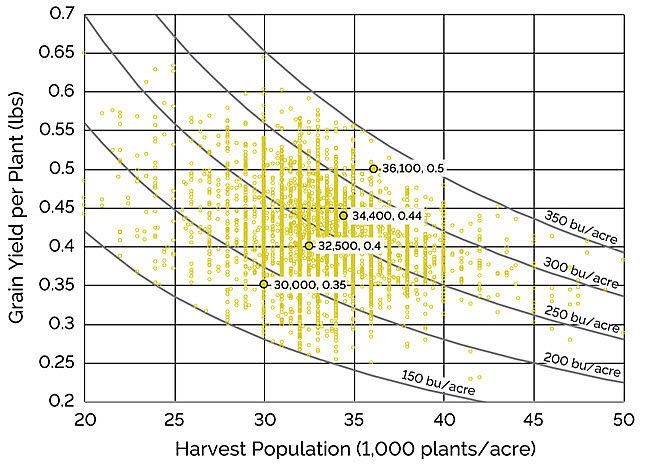 Graph showing harvest population and yield per plant for NCGA National Corn Yield Contest entries between 150 and 350 bu/acre, 2016-2017.