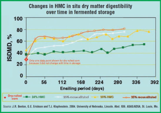 Chart: Changes in HMC in situ dry matter digestibility over time in fermented storage