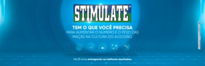 Banner STIMULATE em fundo azul. O texto informa que o produto oferece o necessário para aumentar o número e o peso das maçãs na cultura do algodão.
