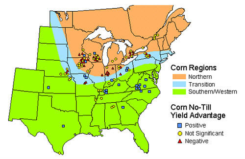  Corn yield advantage in no-till vs. conventional tillage by experiment location and region.