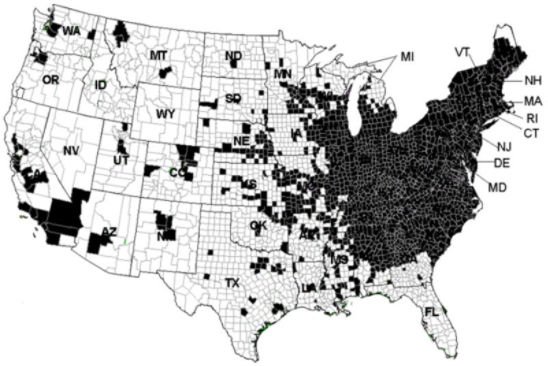 Japanese beetle distribution map (U.S.)