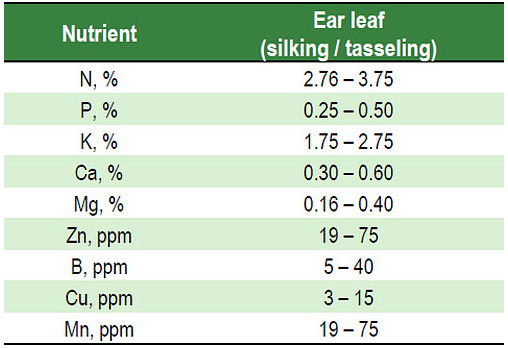 Some critical nutrient values for corn ear leaves silking / tasseling