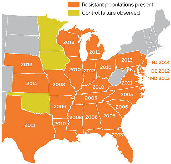 Map showing confirmed and suspected cases of glyphosate-resistant Palmer amaranth and year of initial observation in North-Central and Southern states (Heap 2017).