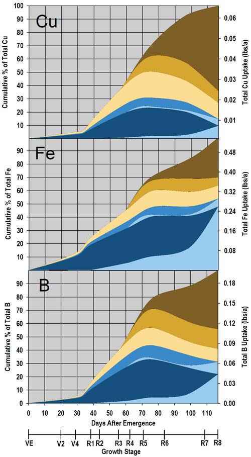 Micronutrient uptake, partitioning, and remobilization through the growing season for a 66 bu/acre soybean crop.