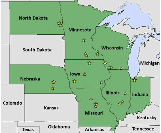 Map showing research locations across eight states included in a 3-year split corn nitrogen application study (2014-2016).
