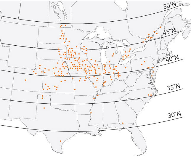 Map showing locations of plant population studies conducted by Pioneer from 1987 to 2015.