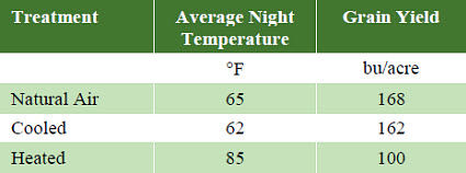 Effect of night temperature from silking through physiological maturity on corn yields.