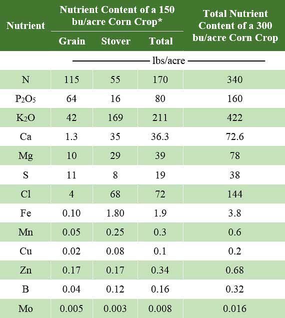 Table estimating amounts of selected nutrients in corn at maturity to support a 300 bu/acre grain yield for hybrids produced before 1968 based on the 1968 nutrient concentrations for 150 bu/acre corn.