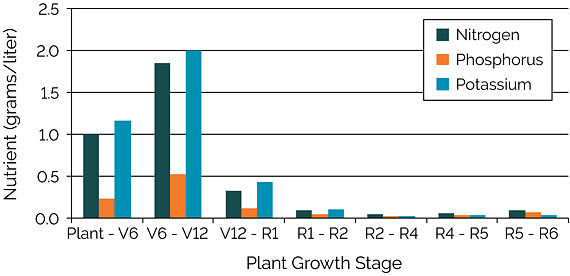 Chart showing estimated amounts of nutrient flux to support a corn grain yield of 300 bu/acre, all growth stages.