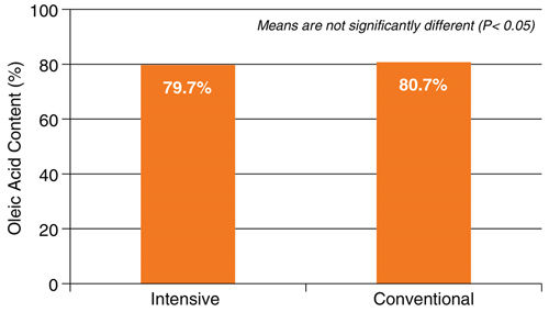 Oleic acid content of Plenish® high oleic soybean varieties under intensive and conventional management practices at Queenstown, Maryland.