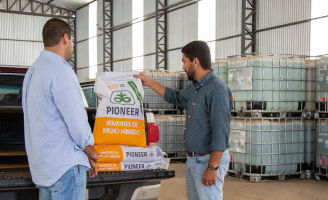 Dois homens olhando para uma sacaria de milho que está no bagageiro da camionete.