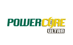 Logotipo da tecnologia PowerCoreUltra escrita em verde, amarelo e cinza.