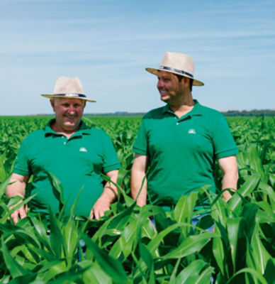 Dois homens de chapéu no meio da lavoura de milho que está com a planta alta.