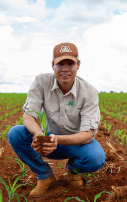 Homem olhando para a câmera ajoelhado no meio de uma lavoura de milho recém plantada, segurando uma planta pequena de milho.