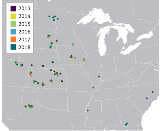 Map showing Pioneer plant population water-limited test locations in North America, 2013-2018.