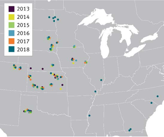 Map showing Pioneer plant population water-limited test locations in North America, 2013-2018.