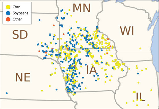Previous crop at corn rootworm beetle trapping locations in 2016.