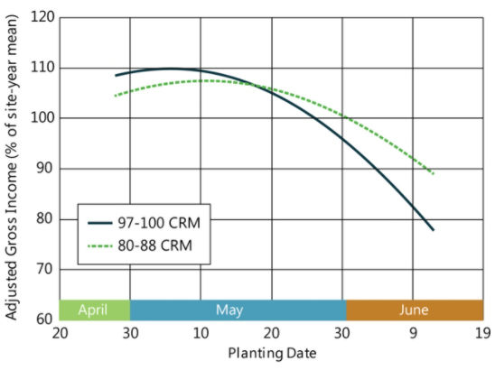 Chart showing the profitability of full-season vs. early maturity hybrids by planting date in the Far Northern Corn Belt.