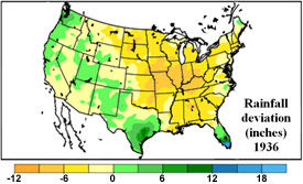 U.S. rainfall deviation from the mean - May 1 - July 13, 1936.