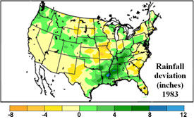 U.S. rainfall deviation from the mean - May 1 - July 13, 1983.