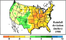 U.S. rainfall deviation from the mean - May 1 - July 13, 1988.