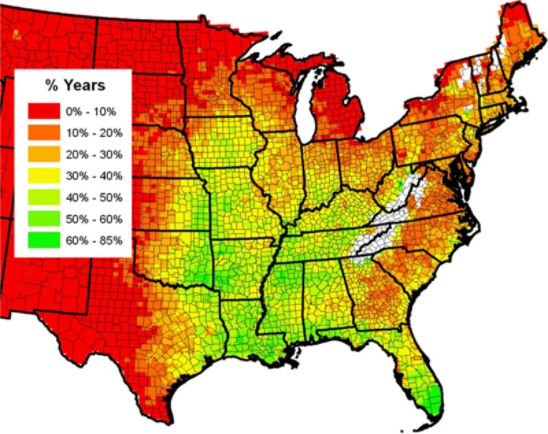 Map: Percent of years with greater than 14 inches of precipitation from April through June (U.S).