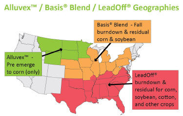 U.S. map of Alluvex™ / Basis® Blend / Leadoff® geographies.