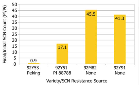In the first year of a 2011-2013 Pioneer/University of Michigan study, SCN reproduction differed among varieties as indicated by Pf/Pi ratio (Pf = final SCN count and Pi = initial SCN count).