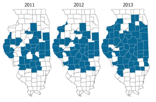Illinois counties (blue) in which resistant waterhemp has been confirmed by molecular assay.