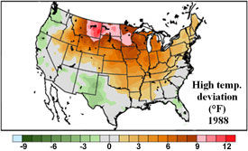 U.S. temp. deviation from the mean - May 1 - July 13, 1988.