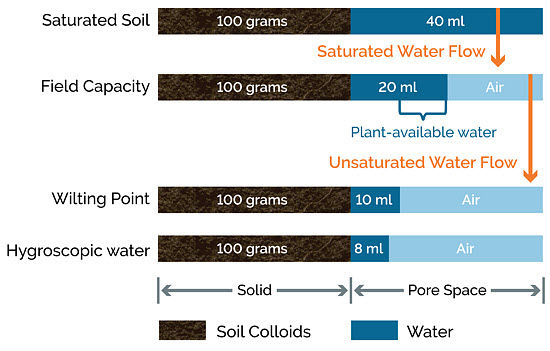 This is a chart showing volumes of water and air associated with soil pores in 100 grams of well-granulated silt loam soil.