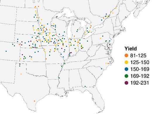 Chart showing locations and yield levels (bu/acre) of plant population studies conducted by Pioneer from 1987 to 2016.