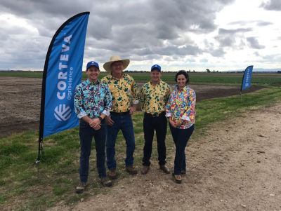 Ian Corr, Jon Dadd,  Jack Madgwick & Emma Twine at the Corteva field day wearing TradeMutt shirts to get the conversation started
