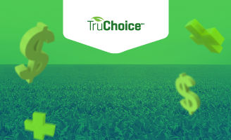 Fundo de lavoura de milho com ícones de sifrão e símbolo de adição voando sobre a foto, e acima escrito TruChoice.